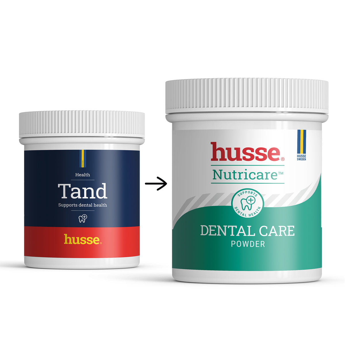 Comparação entre a embalagem antiga azul Tand e a nova verde husse Nutricare Dental Care Powder para cães e gatos.