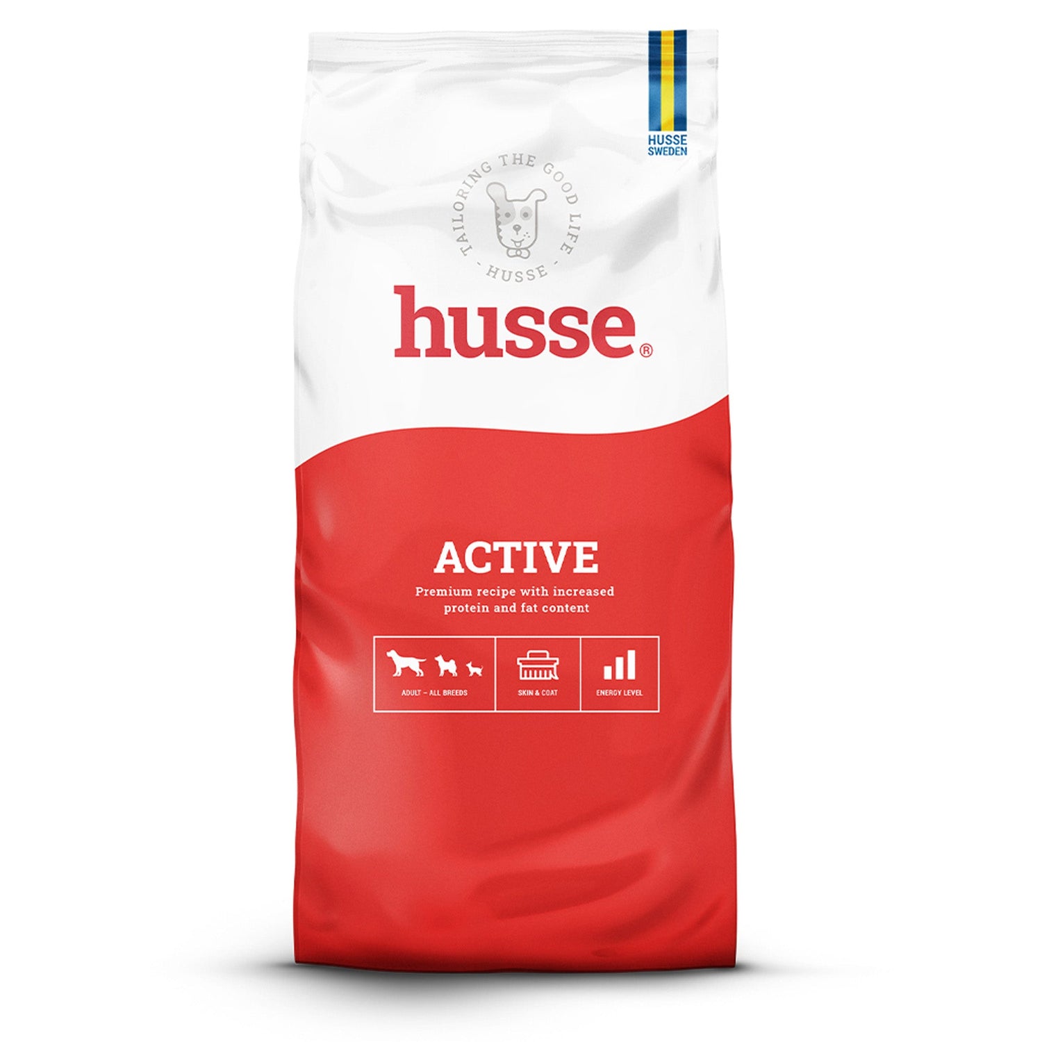 Ração seca Husse Active em saco vermelho e branco para cães adultos com nível de atividade normal a elevado.