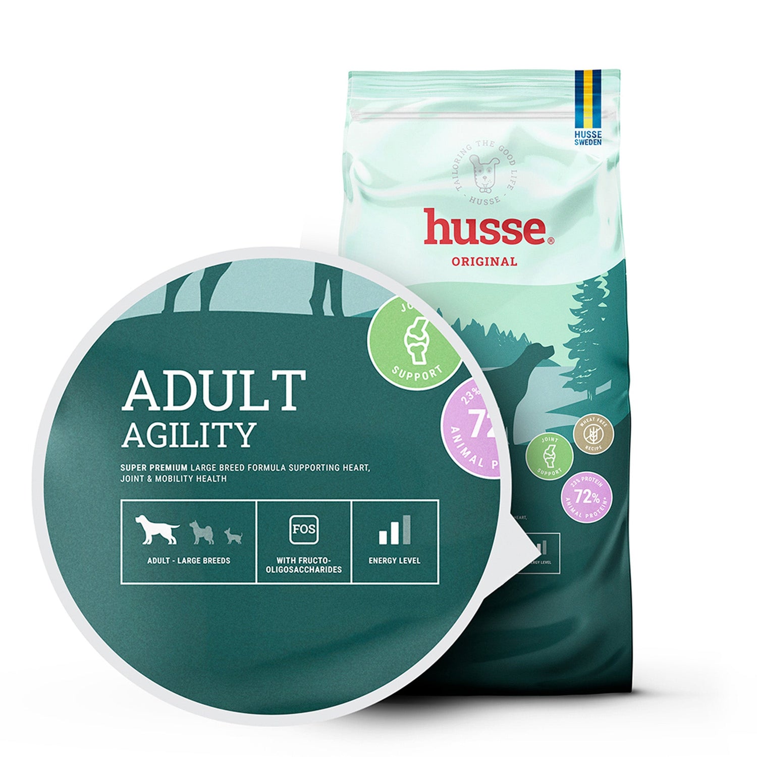 Ração seca Husse Adult Agility para cães de raças grandes, com ícones de apoio articular e digestivo.