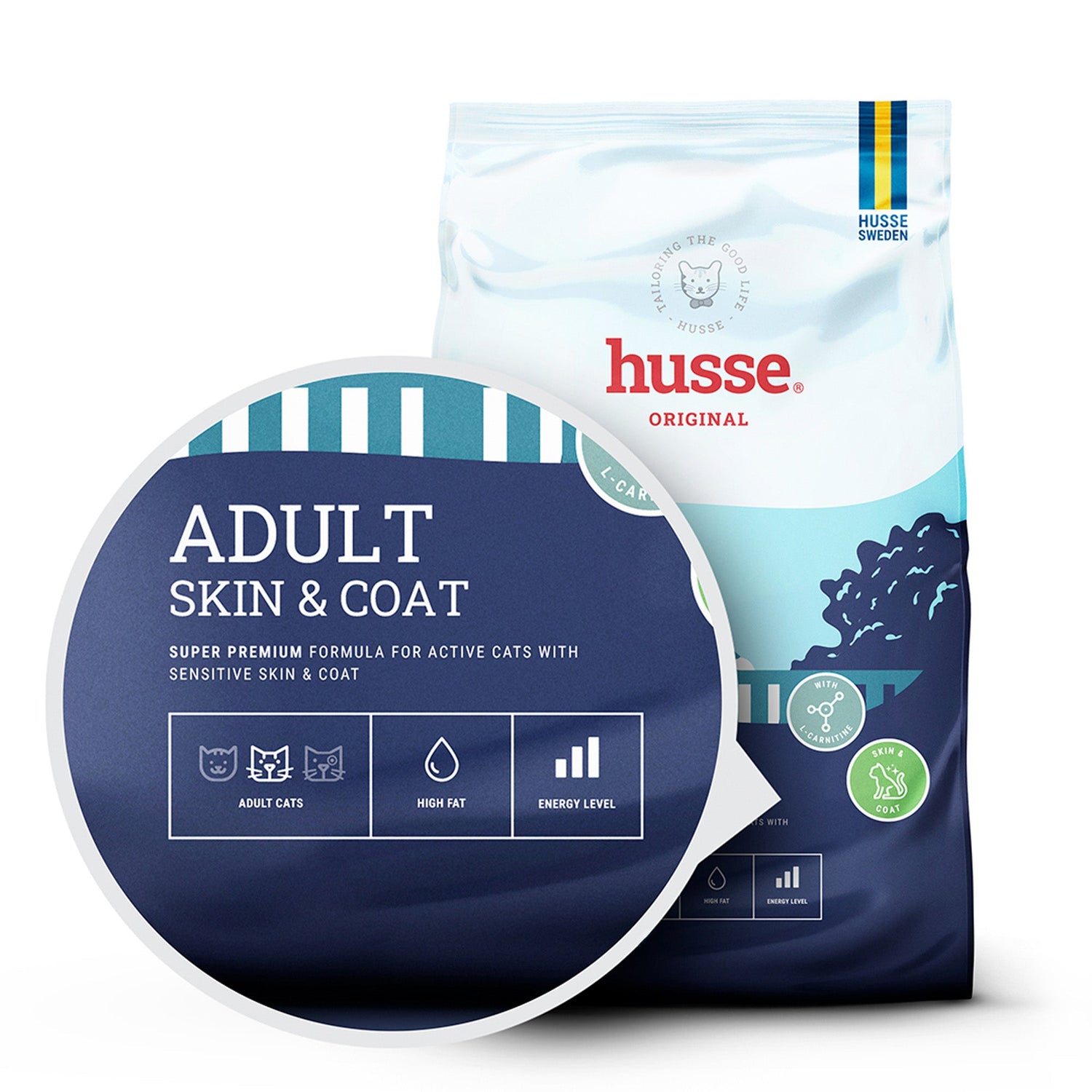 husse Adult Skin & Coat cat food bag with a circular zoom showing high fat and energy level icons.