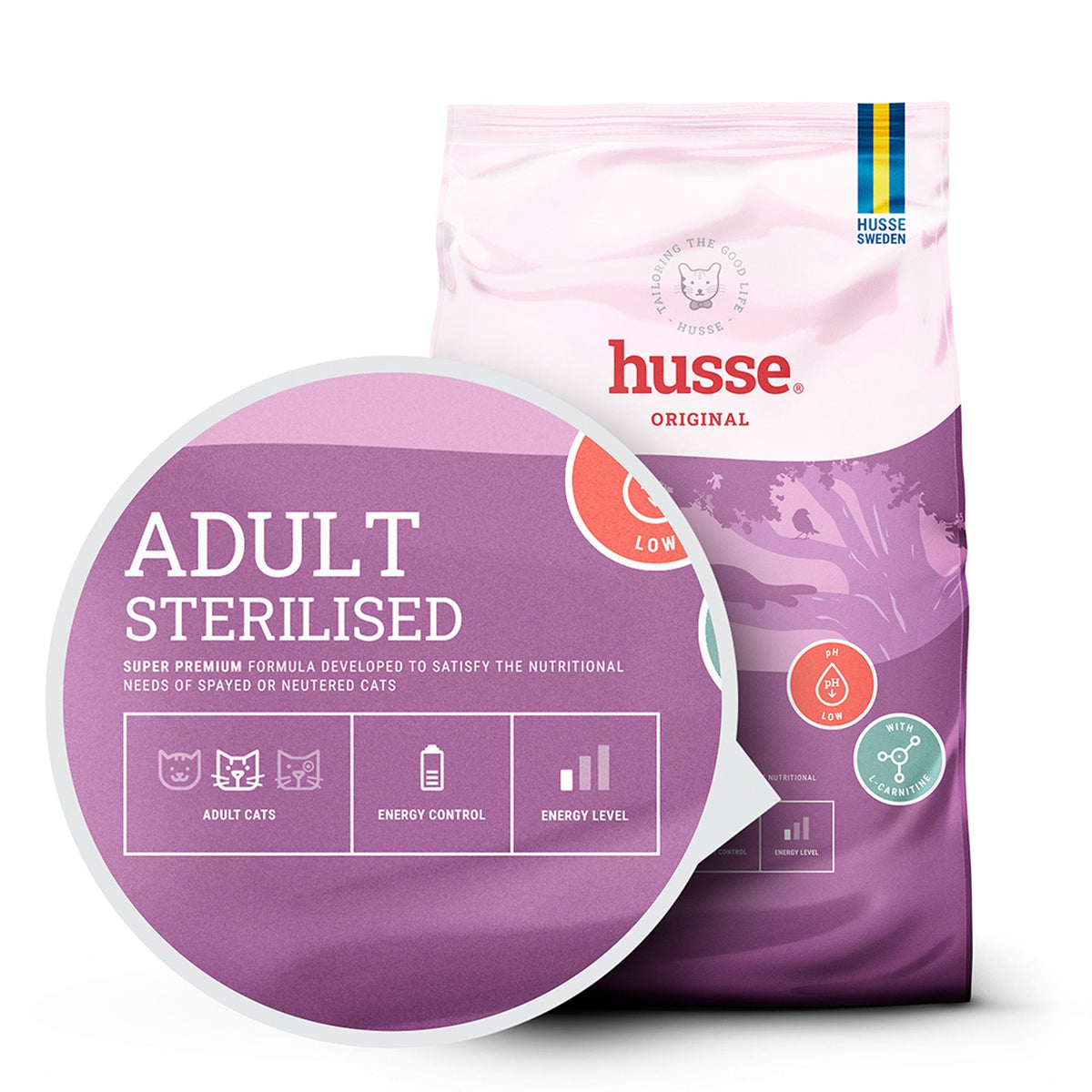 Husse Adult Sterilised cat food bag with a magnified inset highlighting energy and weight control benefits.
