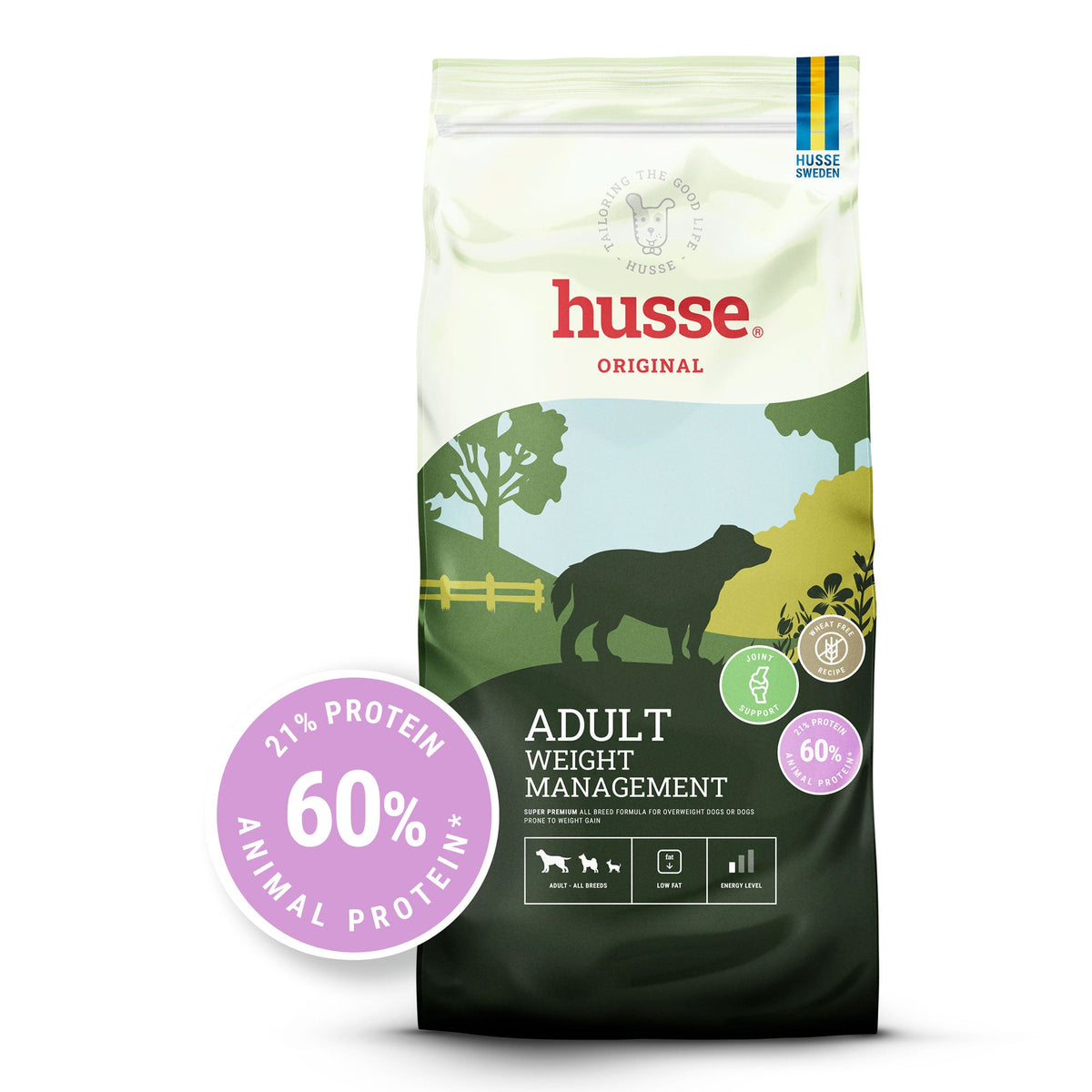 Saco de ração seca para cães Husse Adult Weight Management com ícones de baixo teor de gordura e suporte articular.