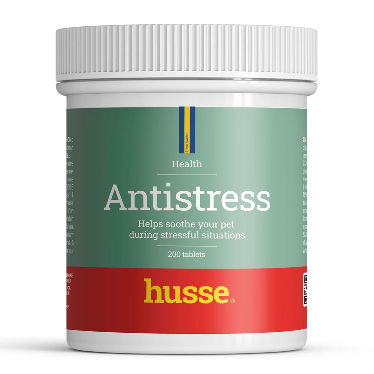 Suplemento calmante Husse Antistress para animais, frasco branco com rótulo verde e vermelho de 200 comprimidos.