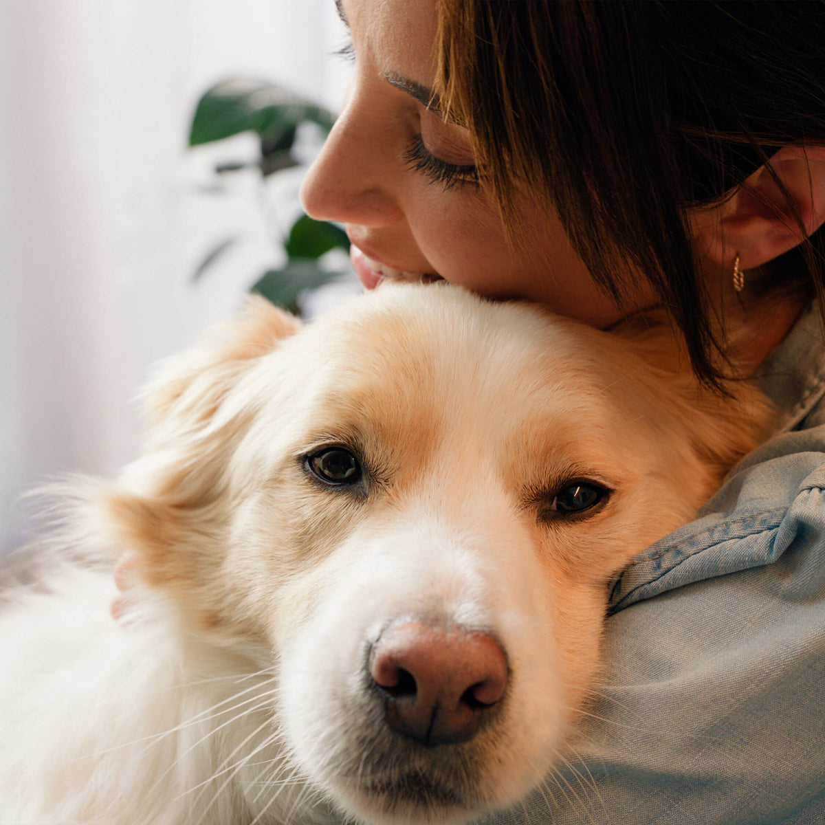 Woman hugging her golden retriever cheek to cheek