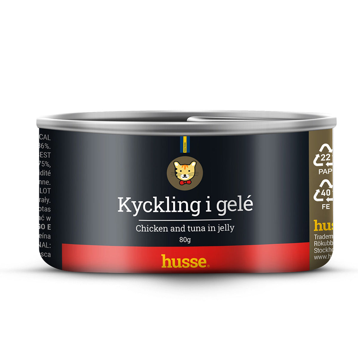 Alimento para gatos Husse de frango e atum em gelatina numa lata de 80 g com rótulo preto e vermelho.