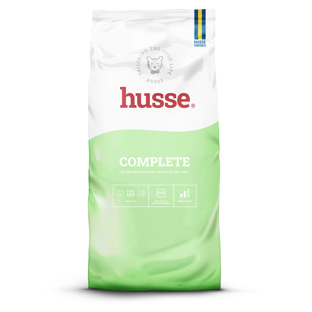 Ração seca para gatos Husse Complete num saco branco e verde, para uma nutrição equilibrada.