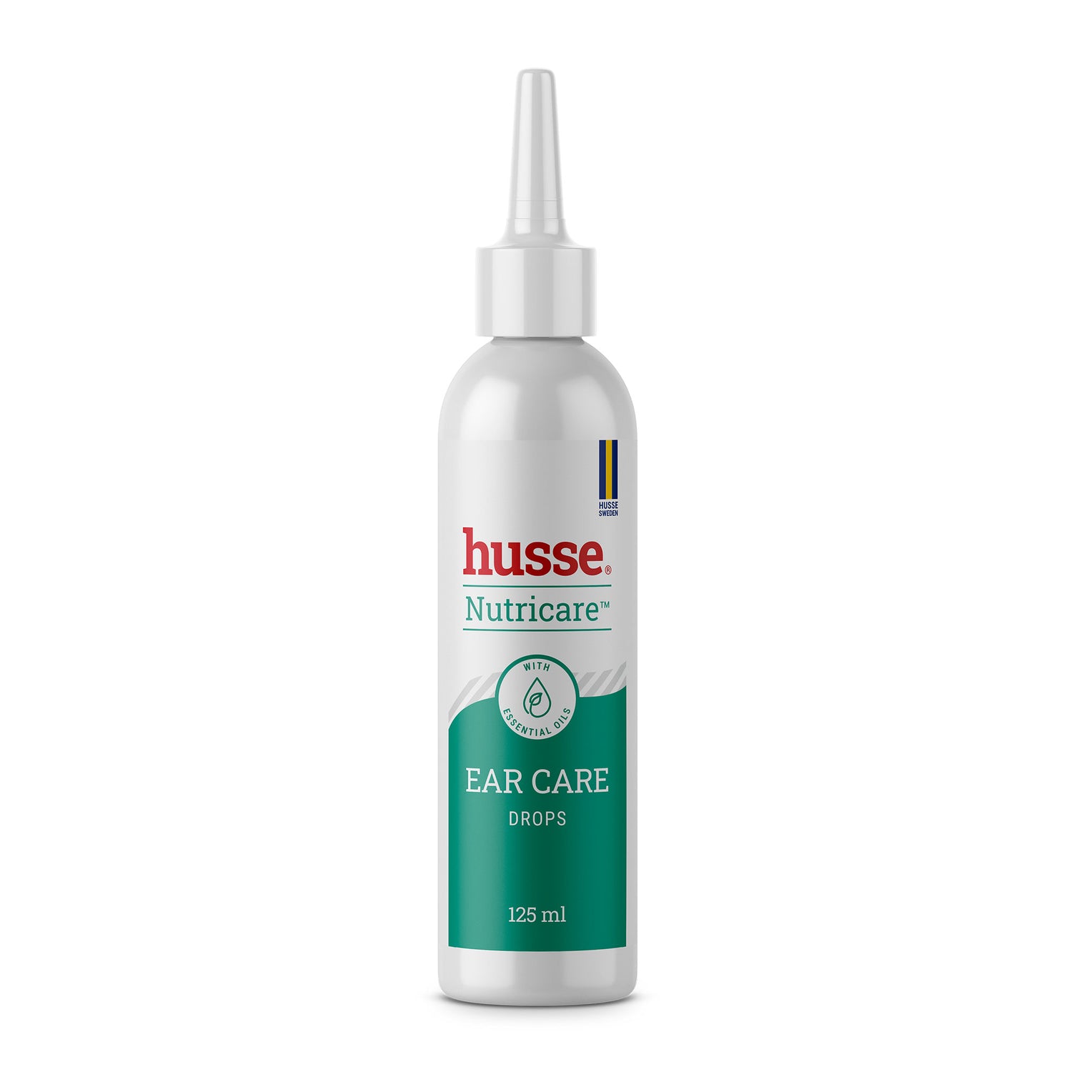 Frasco de 125 ml de gotas auriculares Husse Nutricare com vinagre de cidra e óleos essenciais para cães e gatos.
