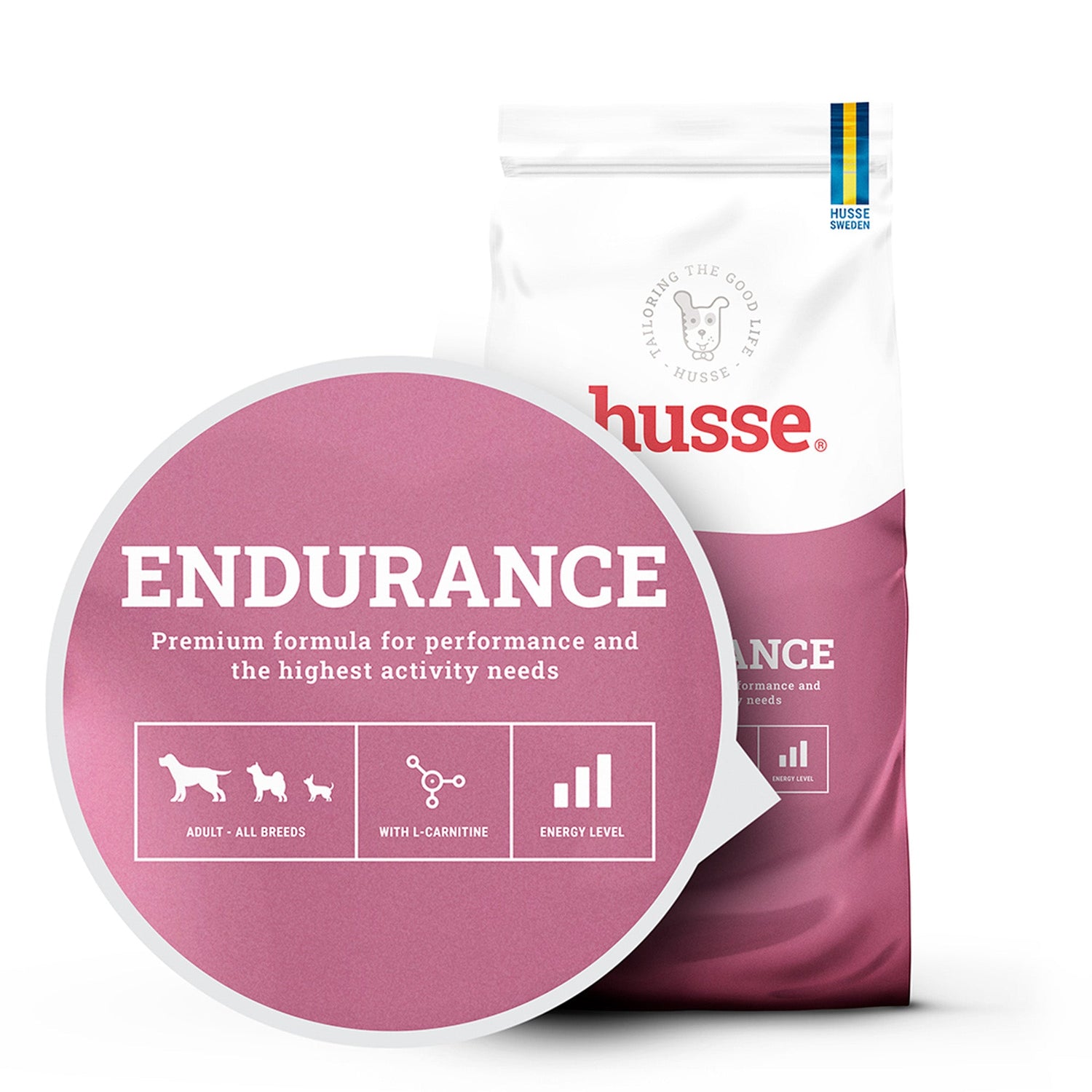 Saco de ração Husse Endurance com destaque rosa de nutrição de alta energia para cães ativos e de trabalho.