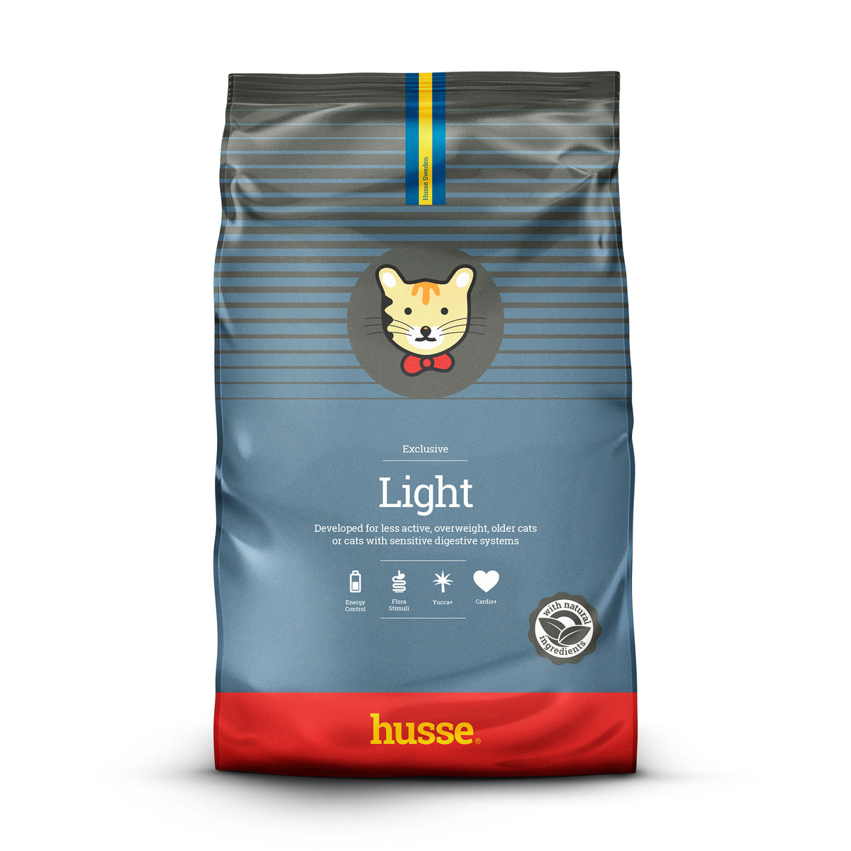 Saco de ração seca Husse Exclusive Light para gatos adultos, com design azul e vermelho e ilustração de gato.