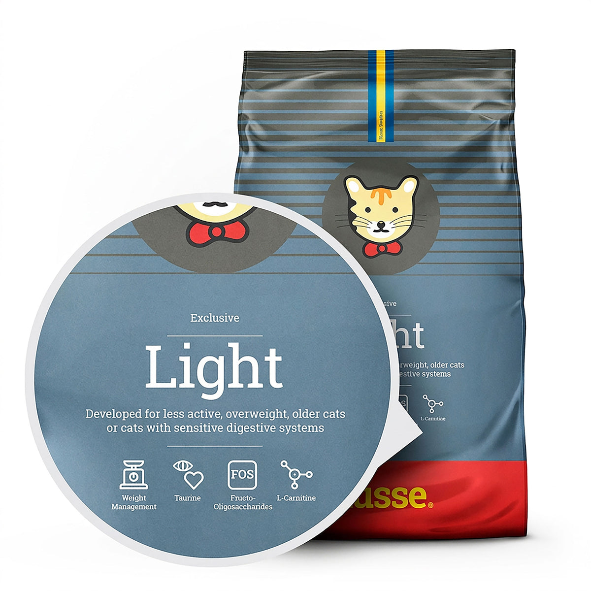 Saco de ração Husse Exclusive Light para gatos com destaque para o controlo de peso e ingredientes principais.