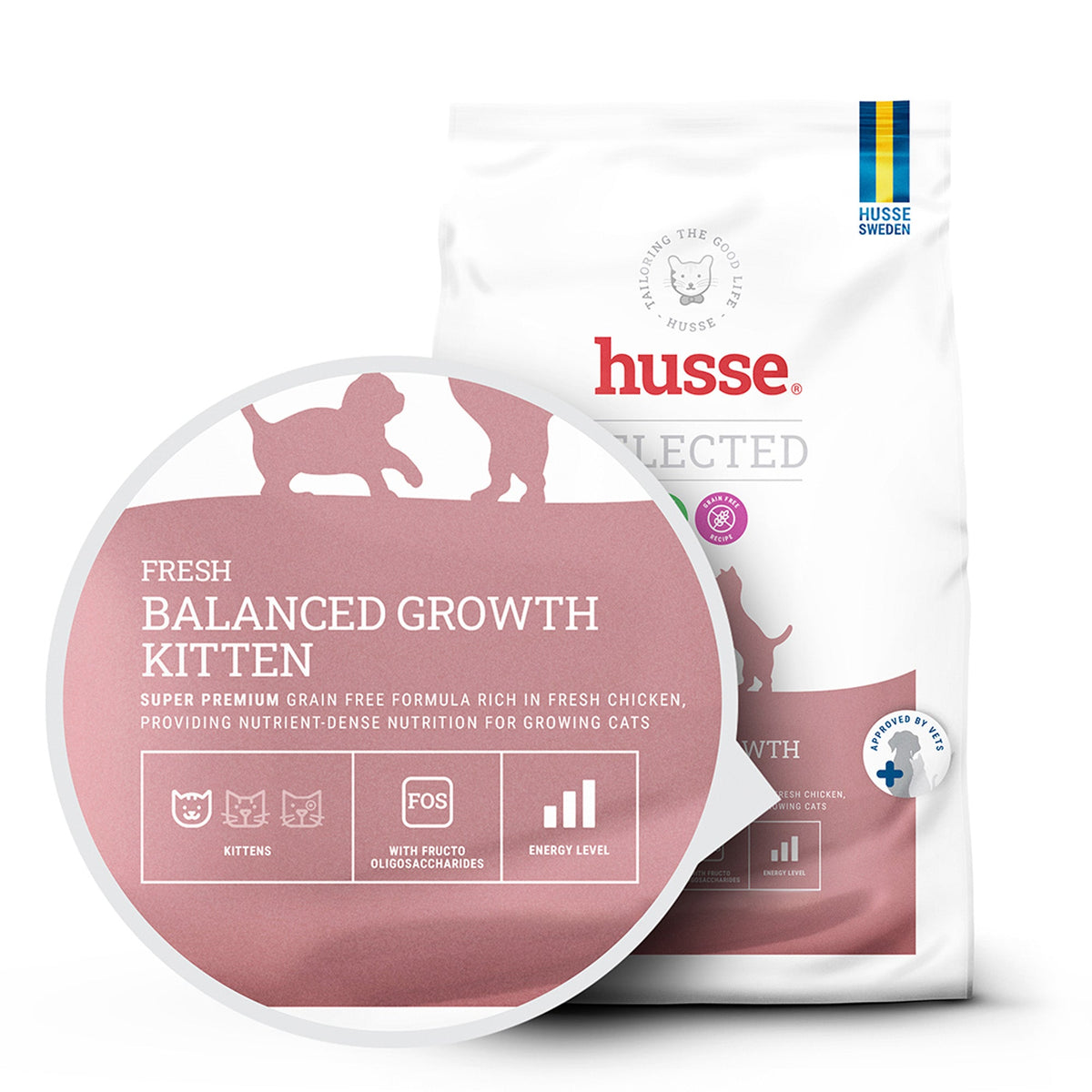 Saco de ração Husse Fresh Balanced Growth Kitten com detalhe circular da receita sem cereais de frango fresco.