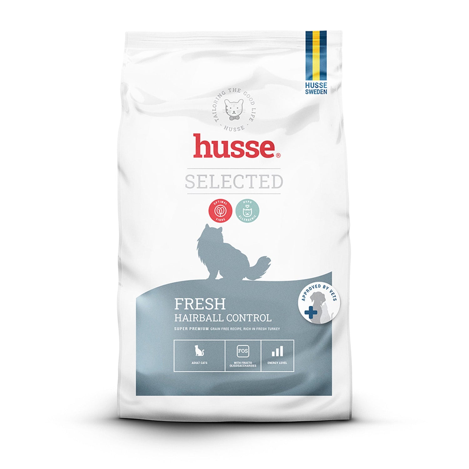 Saco de ração para gato Husse Fresh Hairball Control, receita de peru sem cereais para o conforto digestivo.