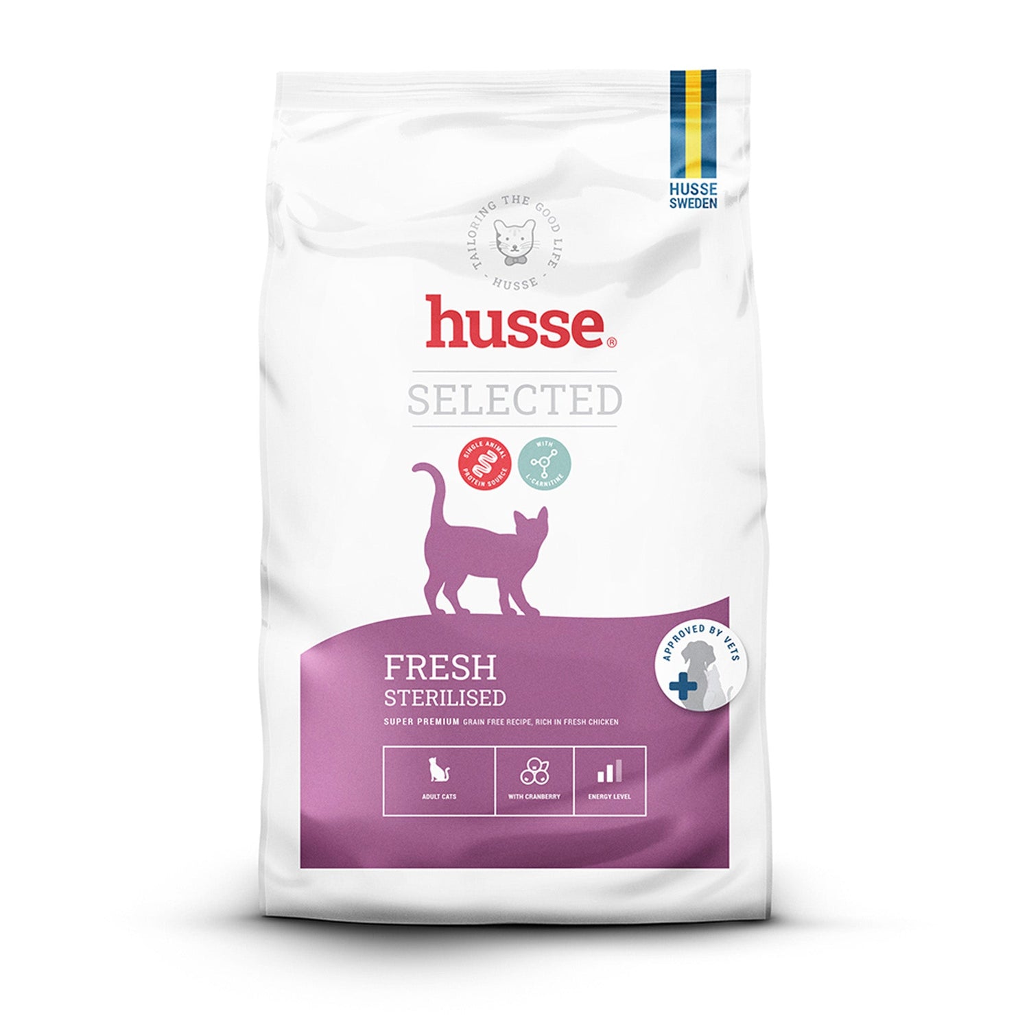 Ração seca sem cereais Husse Fresh Sterilised em saco branco, rica em frango fresco para gestão do peso do seu gato.