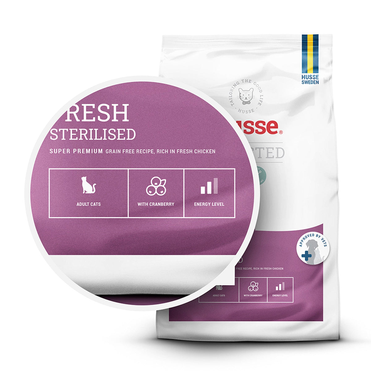 Fresh Sterilised grain-free cat food by husse, featuring fresh chicken and cranberry for your adult cat's wellbeing.