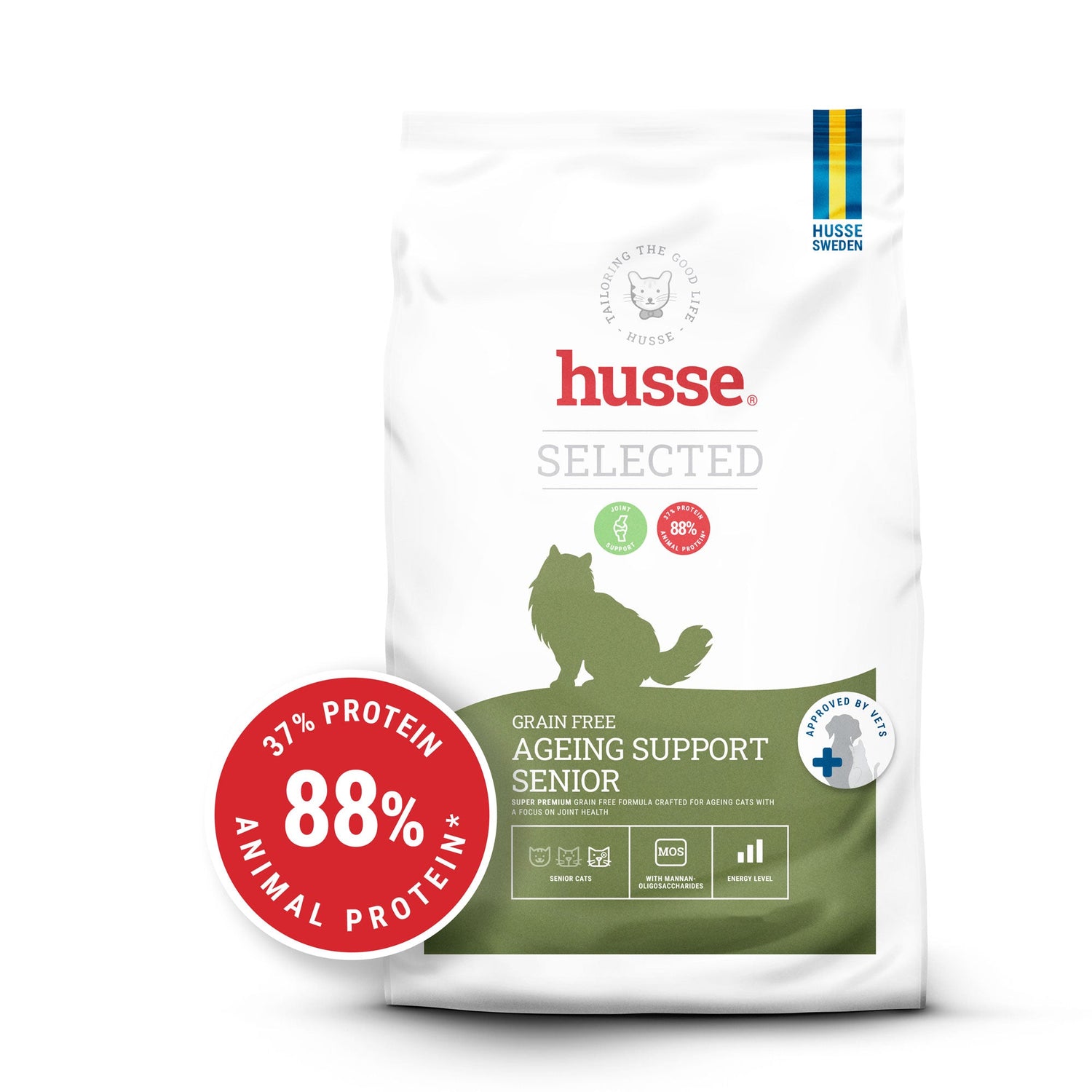 Saco de ração para gatos Husse Grain Free Ageing Support Senior com detalhes verdes e selo vermelho de proteína animal.