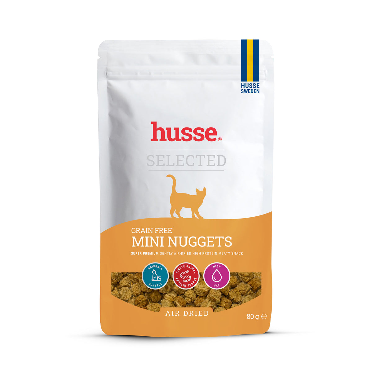 Saco branco de 80 g de petiscos secos ao ar husse grain-free mini nuggets de frango para gatos adultos, com janela transparente.
