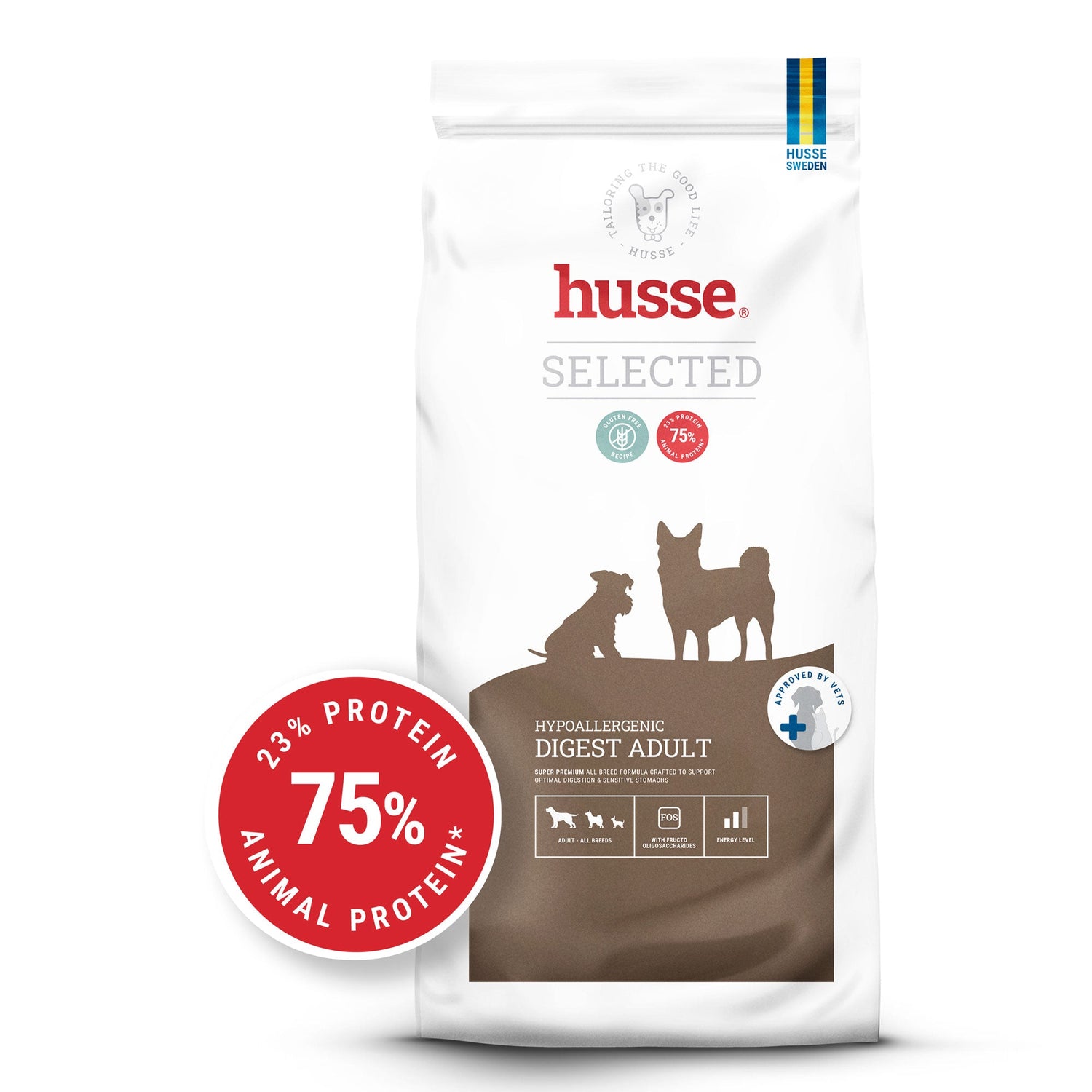 Saco branco Husse Hypoallergenic Digest Adult com selo vermelho de proteína para digestão sensível.