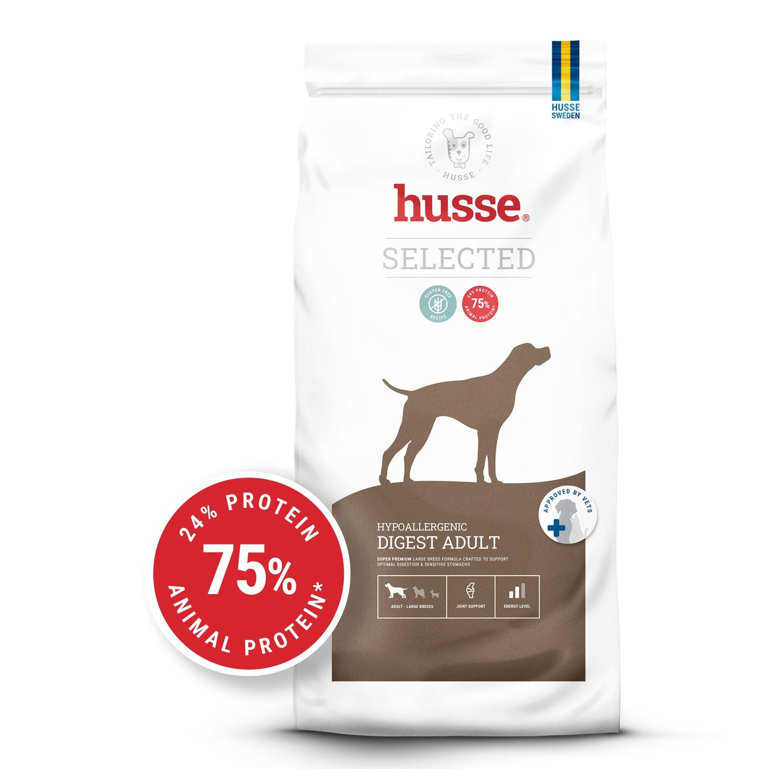 Ração seca Husse Hypoallergenic Digest Adult para cães de porte grande com digestão sensível e 75% de proteína animal.