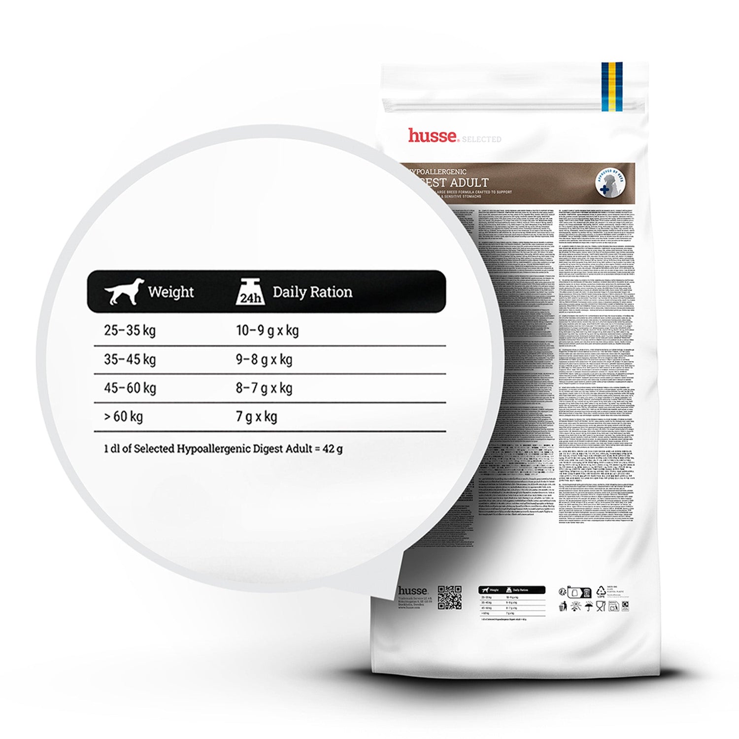 Daily feeding guide and ration table on a husse Hypoallergenic Digest Adult bag for large dogs.