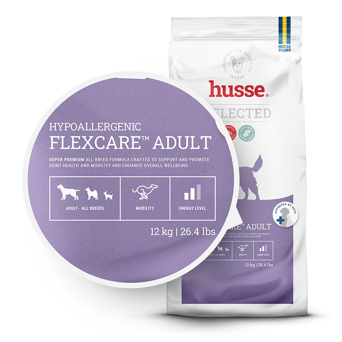 Husse Hypoallergenic Flexcare™ Adult dry dog food bag with a purple badge highlighting mobility and joint health support.