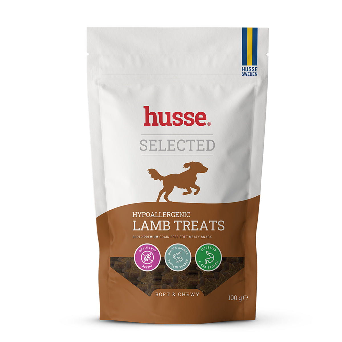 Saco branco de 100 g de petiscos hipoalergénicos de borrego Husse com silhueta castanha de cão e ícones sem cereais.