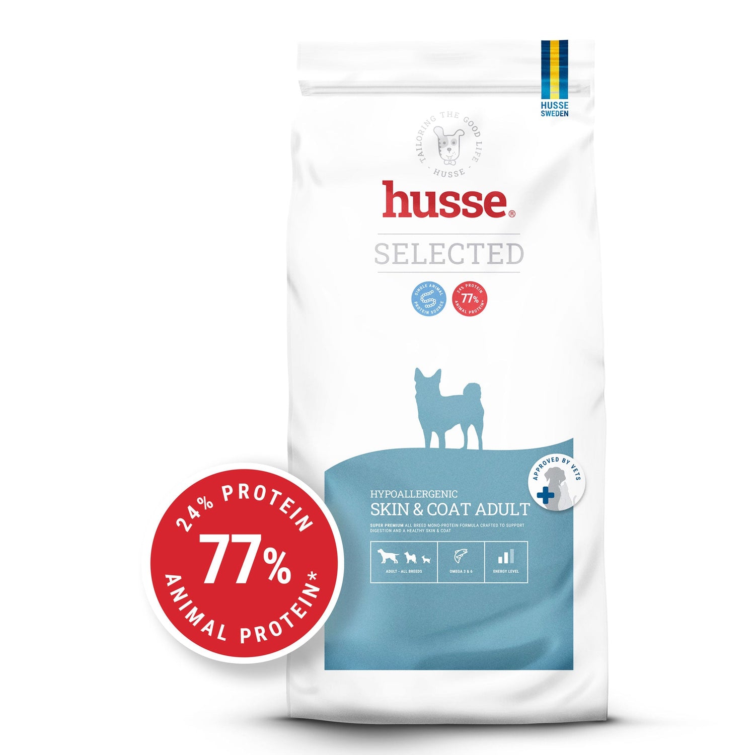 Ração seca Husse Hypoallergenic Skin & Coat Adult em embalagem branca e azul para a saúde da pele e do pelo.