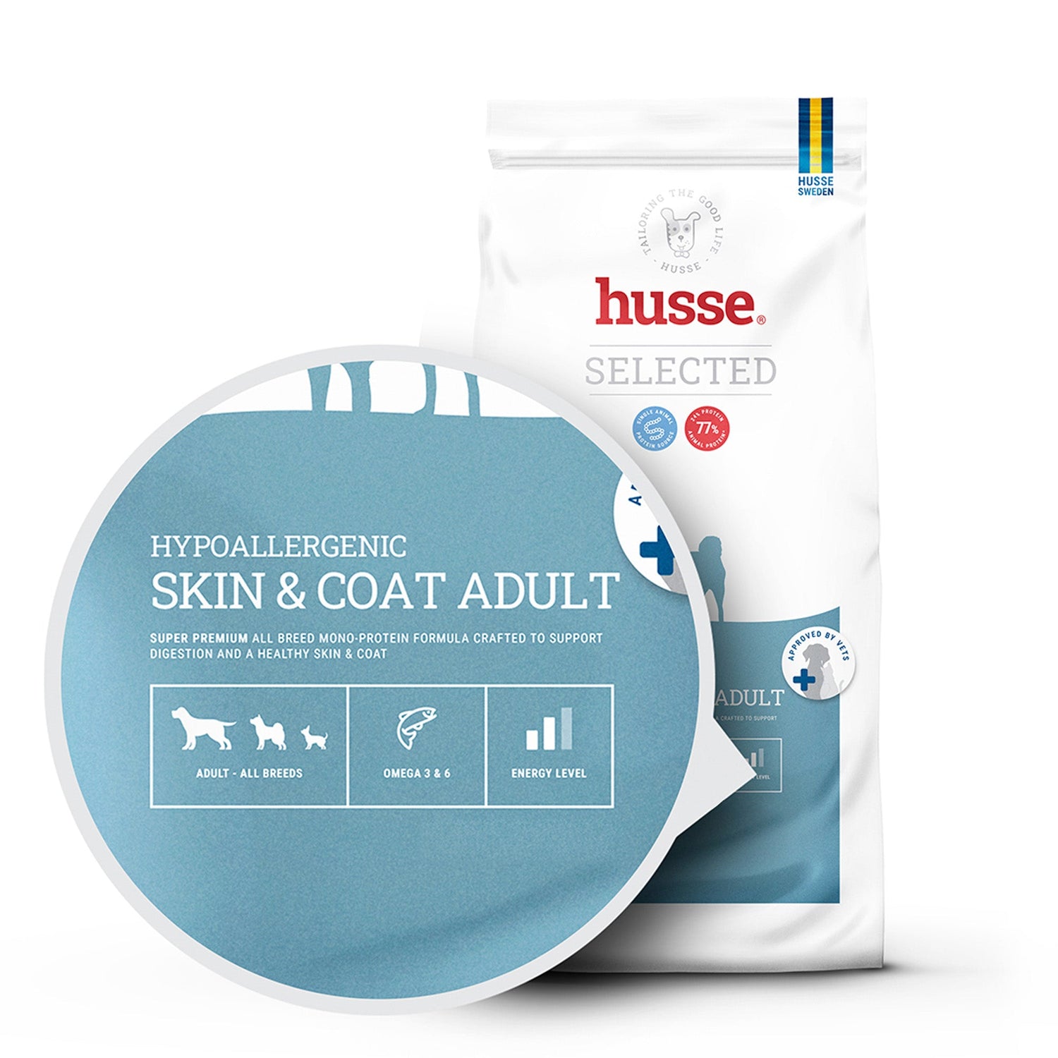Ração seca Husse Hypoallergenic Skin & Coat Adult em saco branco com detalhe circular azul dos benefícios nutricionais.