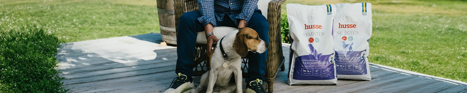 Owner seated on decking with a beagle at his feet beside two Husse dog food packs