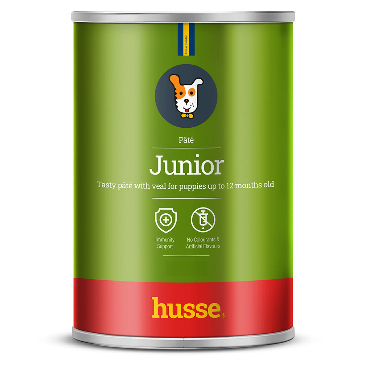 Paté Junior com vitela da Husse, refeição completa em lata verde para apoiar o crescimento e imunidade do cachorro.
