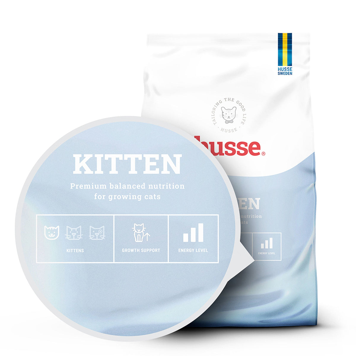 Husse Kitten dry food bag in white and light blue with icons highlighting growth support and healthy energy.