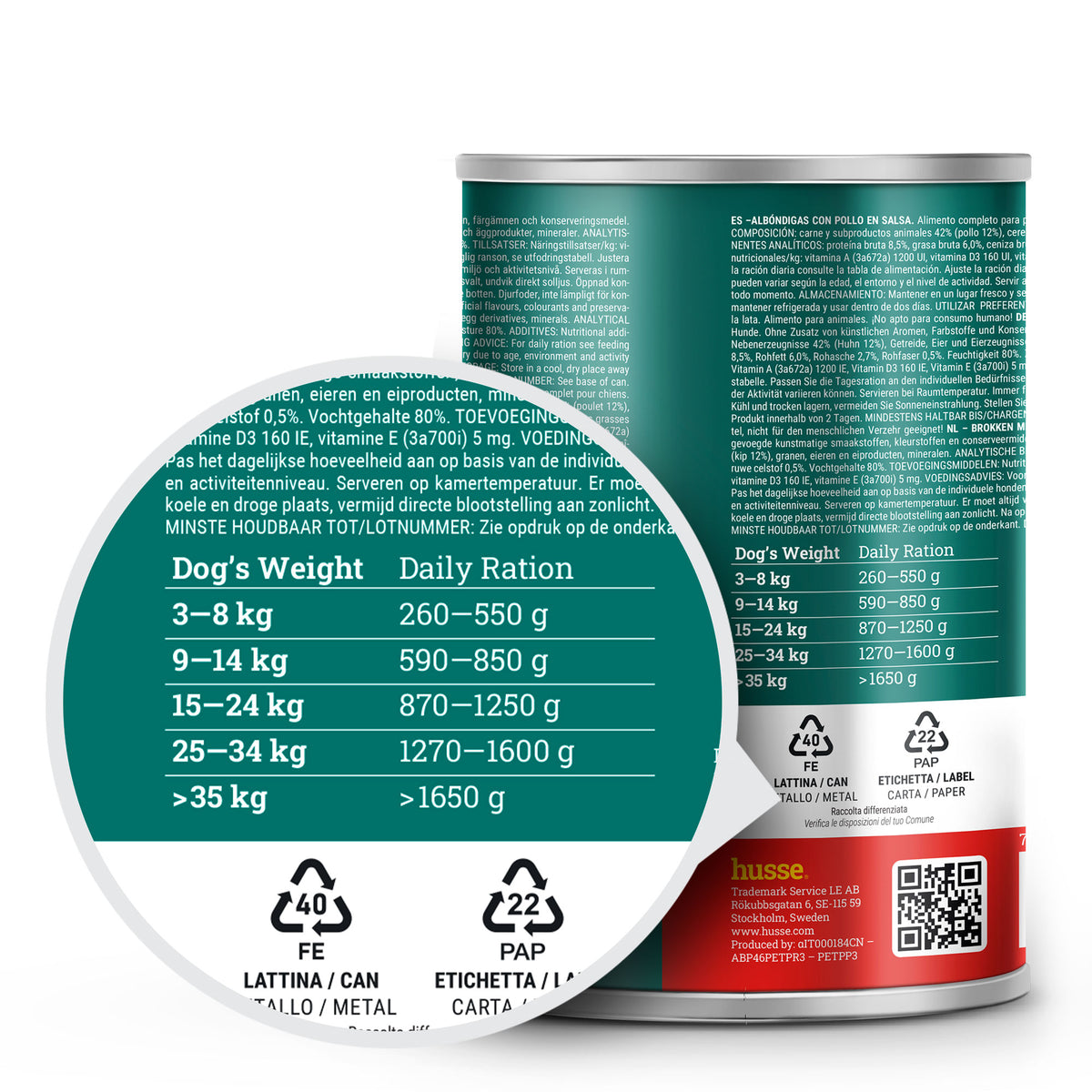 Clear feeding guide and nutritional details on a green tin of husse chicken chunks for your dog.
