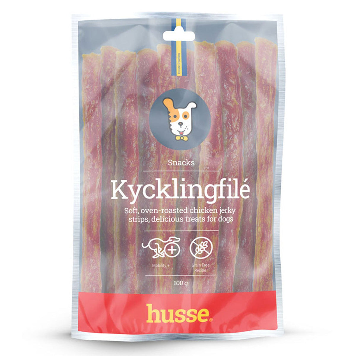 As tiras de frango assado Husse Kycklingfilé são um snack sem cereais que apoia a mobilidade do seu animal.