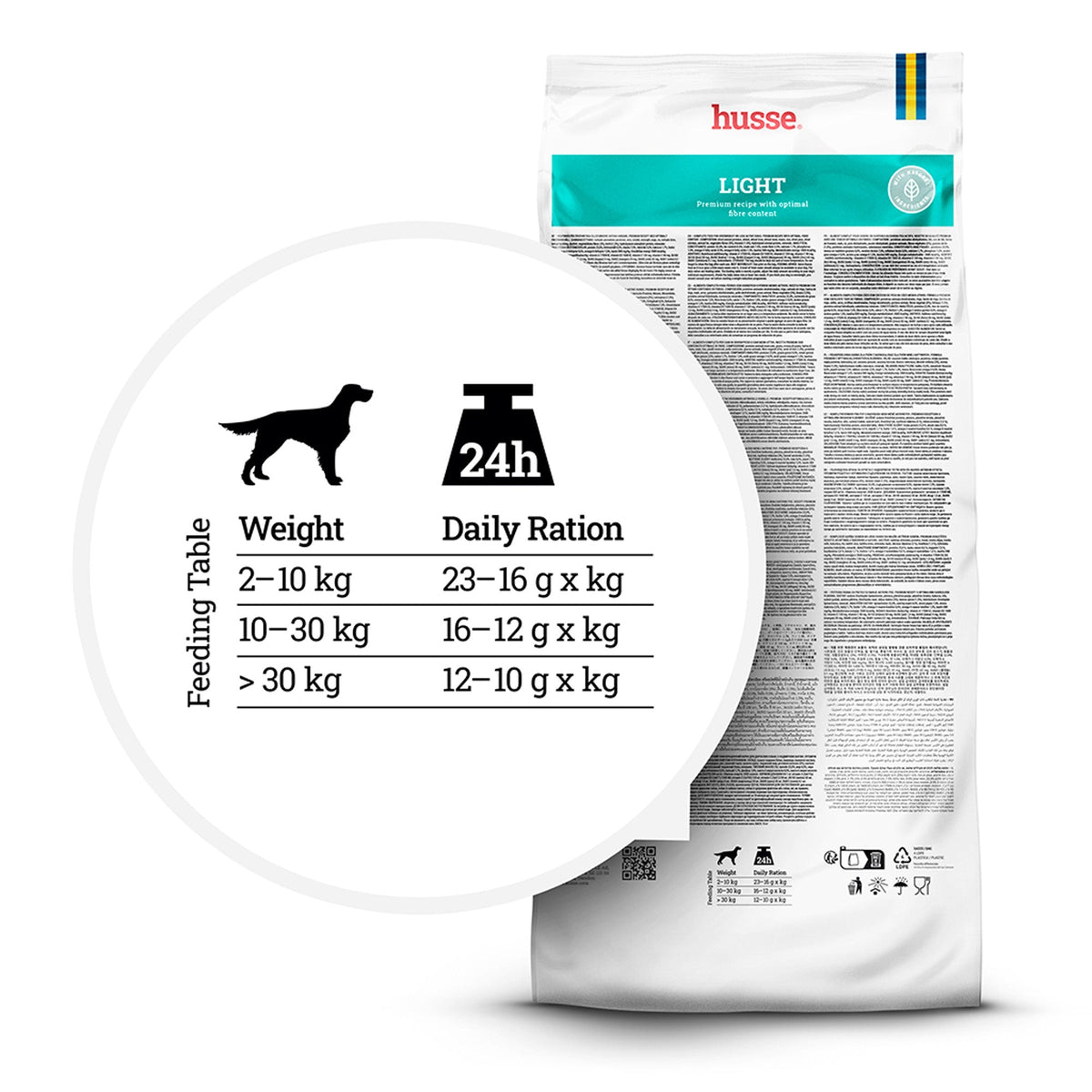 Husse Light dog food feeding table showing daily ration guidelines for your pet's weight management.