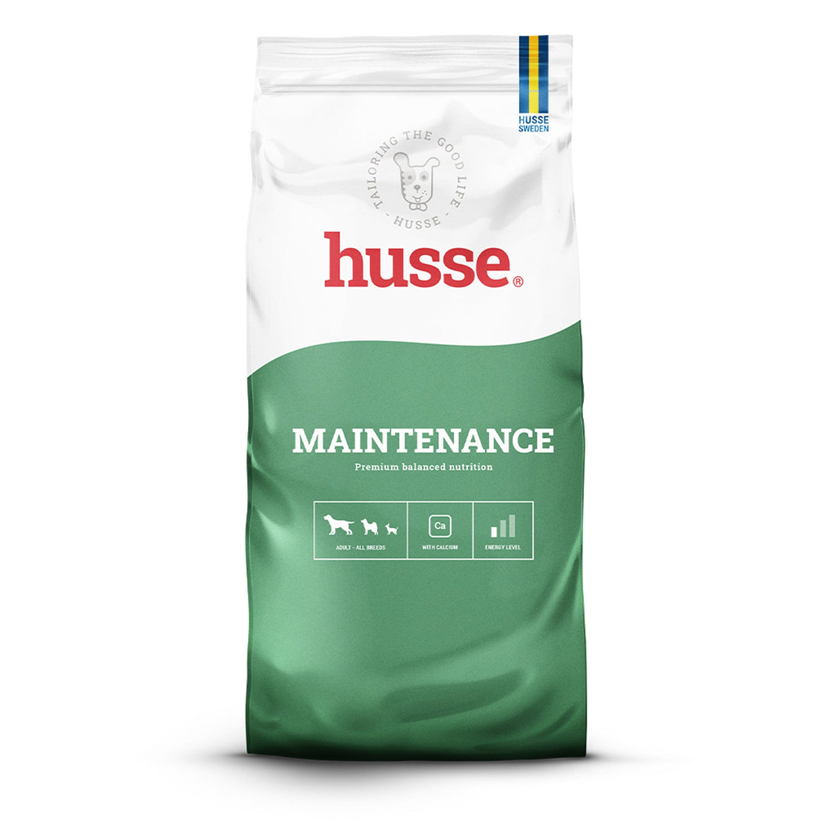Ração seca Husse Maintenance em saco branco e verde para cães adultos com menor nível de atividade.