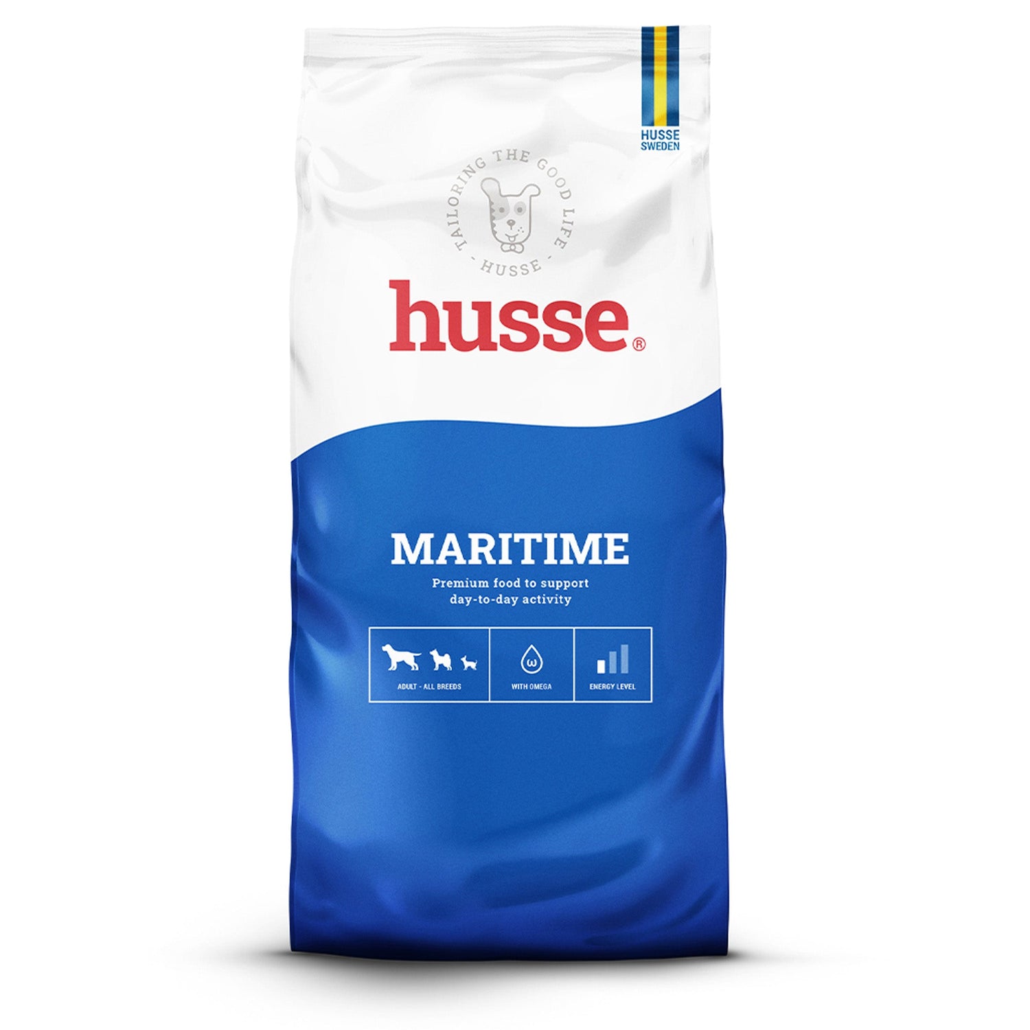 Saco de ração seca Husse Maritime para cão, rico em peixe branco para apoiar a pele, o pelo e a energia diária.