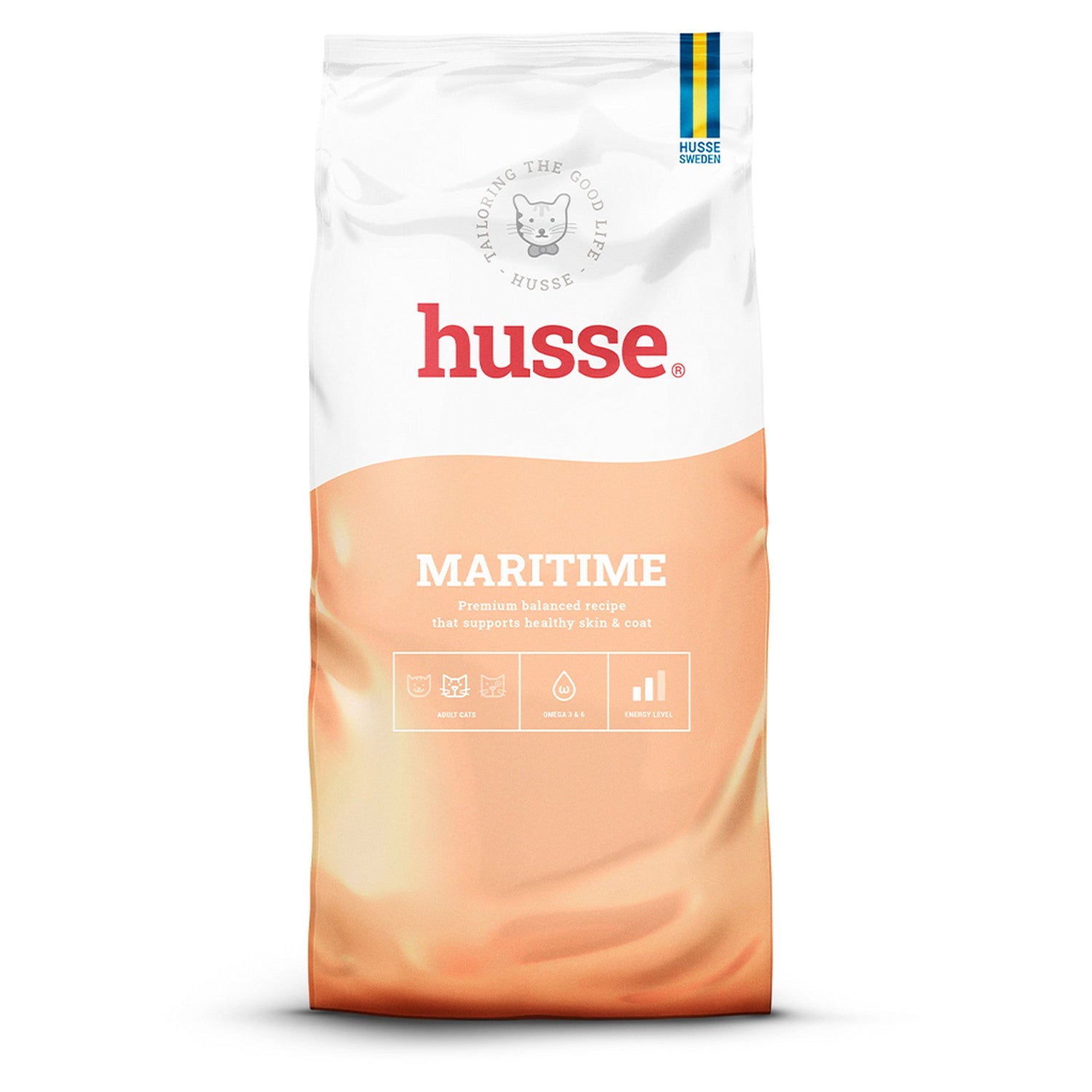 Ração seca Husse Maritime num saco pêssego e branco, para pele saudável e pelo brilhante do seu gato adulto.