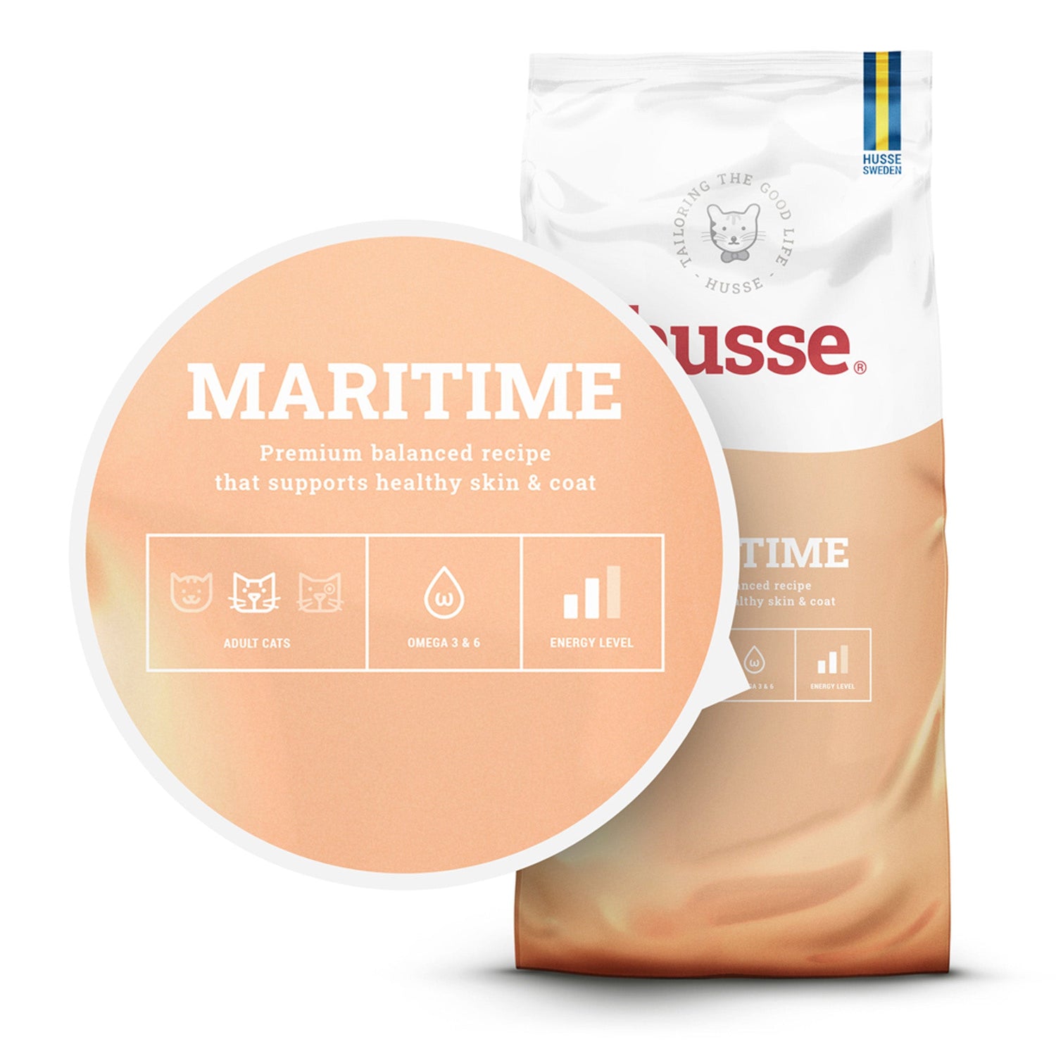 Saco branco e laranja de ração para gato Husse Maritime para apoio à pele e pelo com Ómega 3 e 6 essenciais.