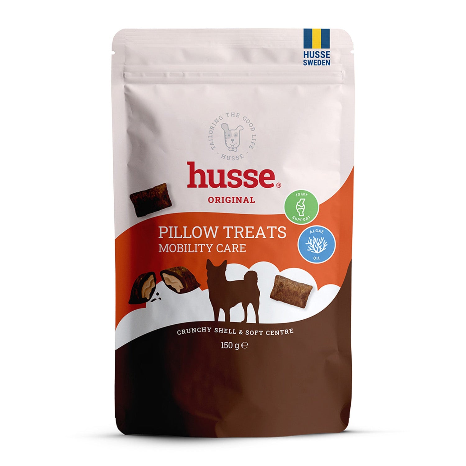 Husse Pillow Treats Mobility Care em embalagem branca e laranja, com snacks de dupla textura para articulações de cães.