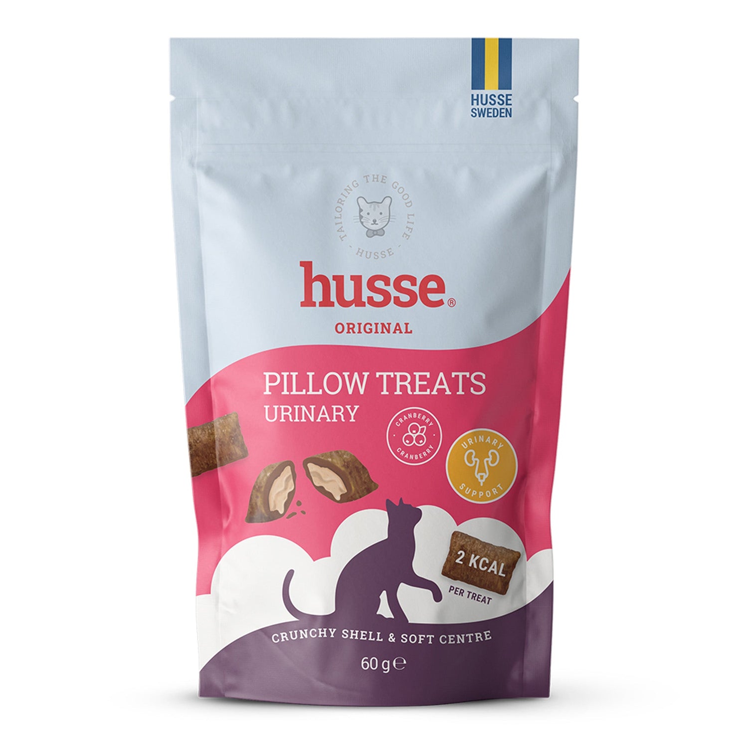 Saco de 60 g de Husse Pillow Treats Urinary para gatos, com pedaços crocantes de dupla textura e centro macio.