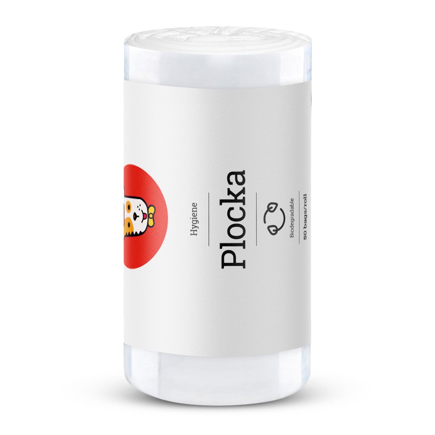 Rolo de 50 sacos biodegradáveis Plocka em amido de milho branco leitoso para dejetos de cão.