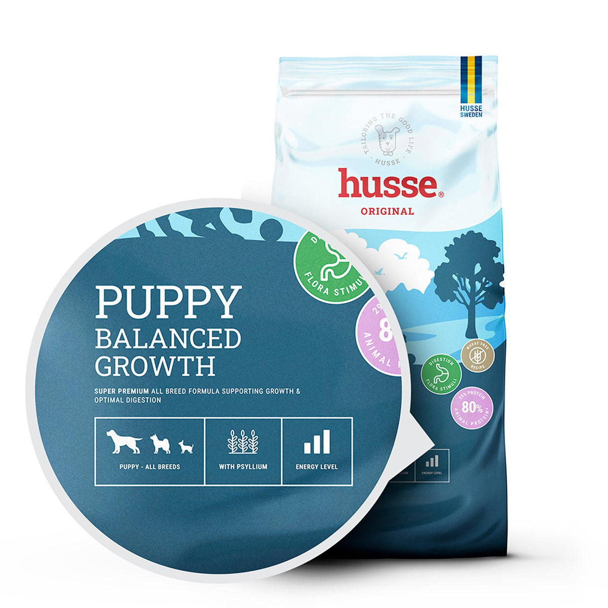 Saco Husse Puppy Balanced Growth com ícones de apoio digestivo e energia para cachorros em crescimento.