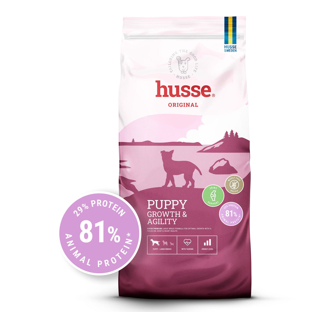 Saco de ração seca Husse Puppy Growth & Agility para cachorros de raça grande, promovendo articulações saudáveis.