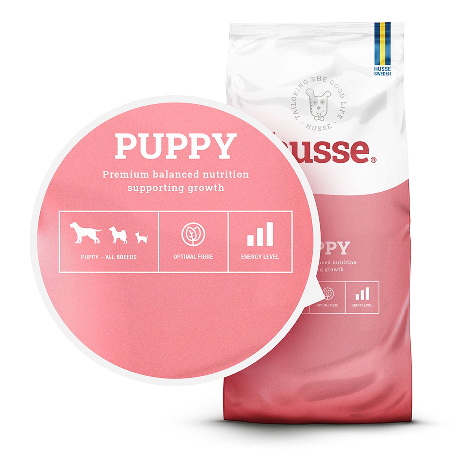 Ração seca Husse Puppy em embalagem rosa, detalhando nutrição equilibrada e fibra para um crescimento saudável.