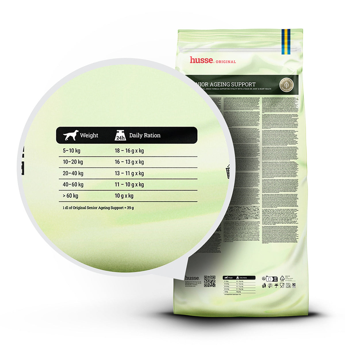 Husse Senior Ageing Support packaging with a magnified view of the daily feeding guide for your older dog.