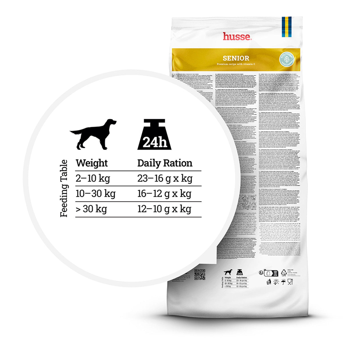 Husse Senior dog food packaging with a zoomed-in feeding table showing daily rations based on your pet's weight.