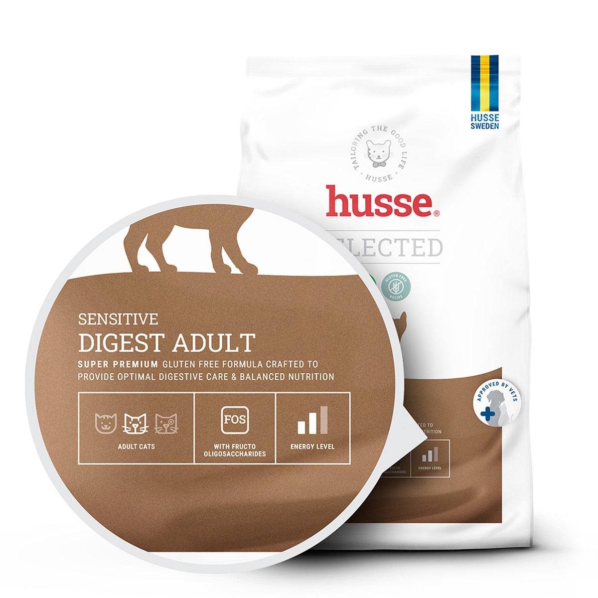 Saco de ração Husse Sensitive Digest Adult para gatos, com receita sem glúten para o conforto digestivo.