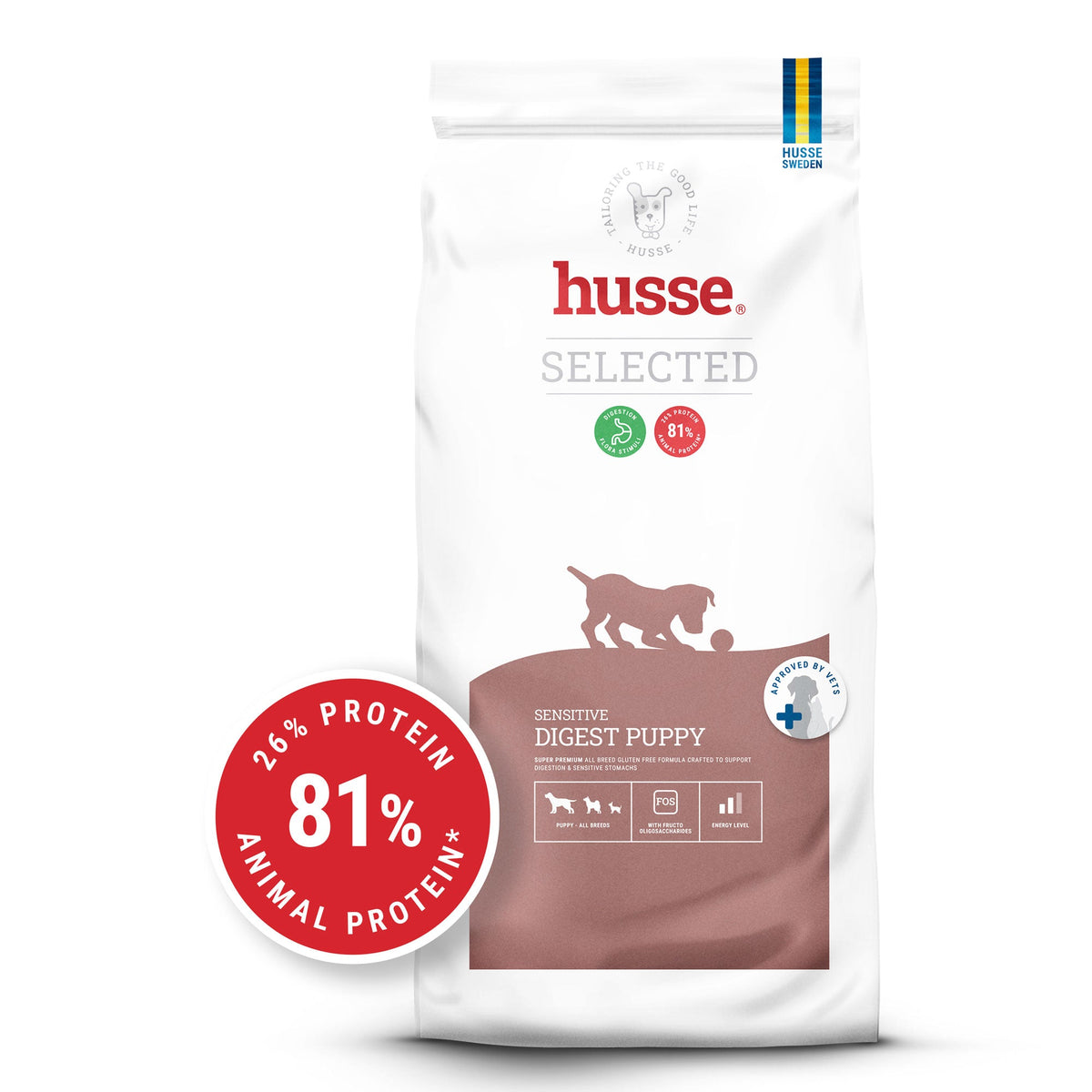 Saco de ração Husse Sensitive Digest Puppy com selo vermelho de 81% de proteína animal para digestão sensível.