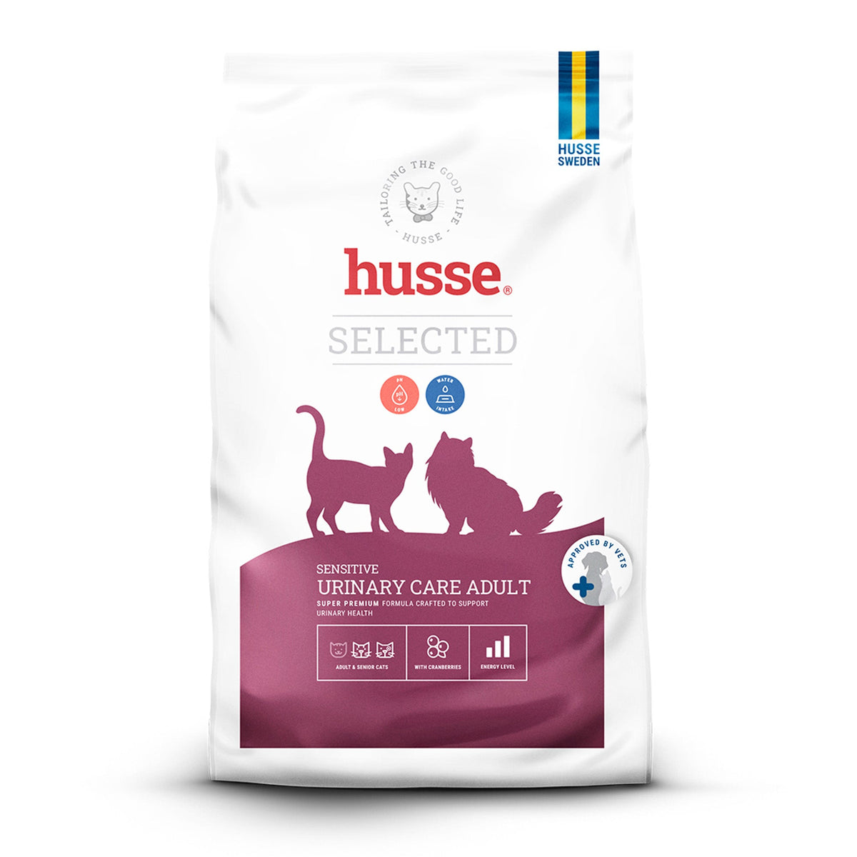 Ração para gato Sensitive Urinary Care Adult da Husse em saco branco com detalhes bordô e silhuetas de gatos.