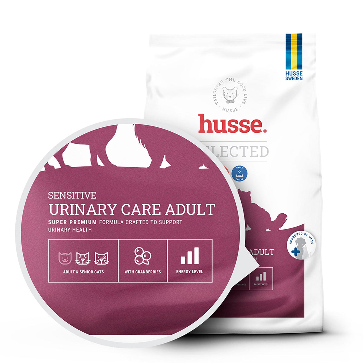 Saco de ração seca para gato Husse Sensitive Urinary Care Adult com destaque circular dos benefícios nutricionais.