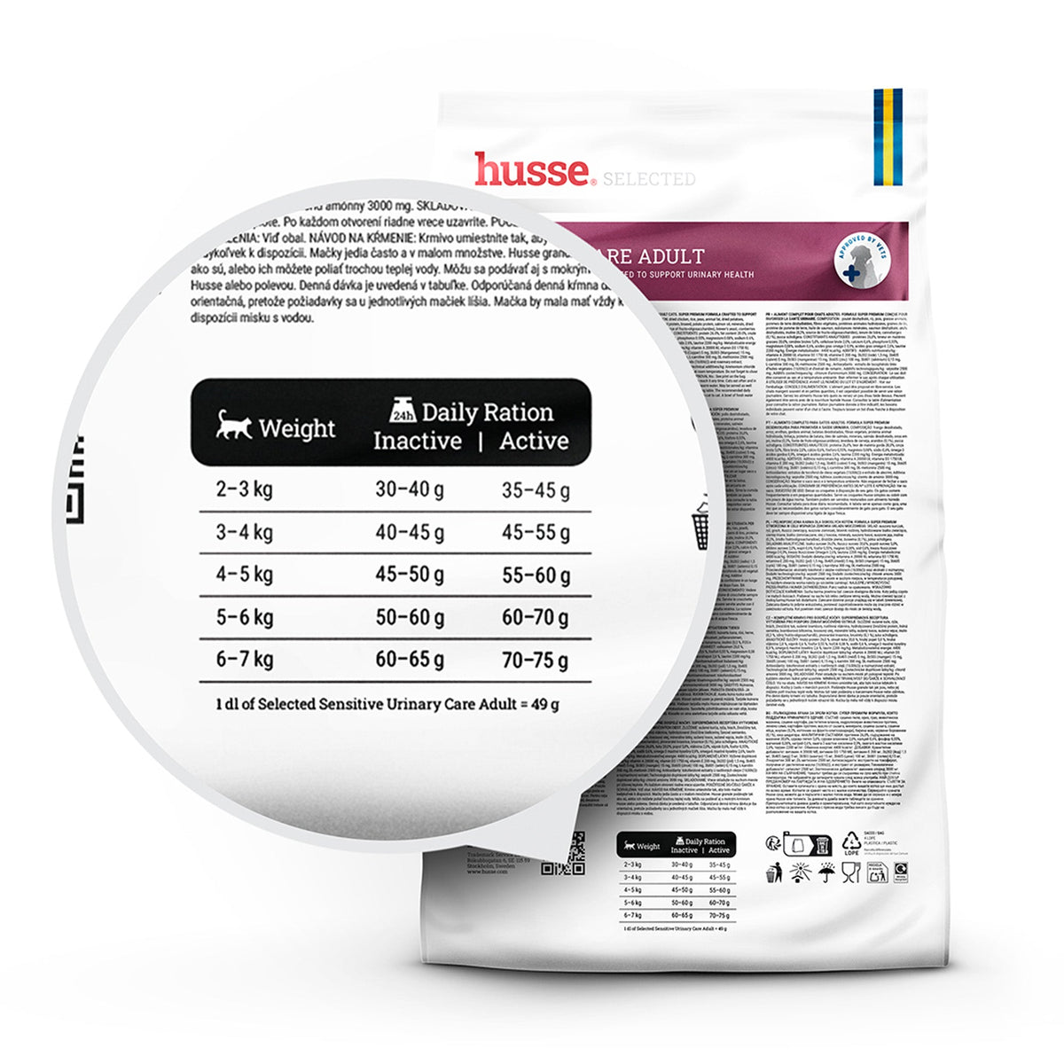 Husse Sensitive Urinary Care Adult cat food bag with a detailed feeding guide for your pet's daily ration.